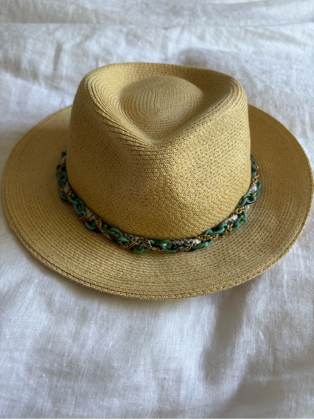 Eugenia Kim Straw Fedora Hat with turquoise stone and snake print Chain Trim.